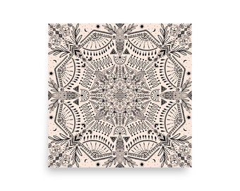 Kustmandalakunstprint - tropisch symmetrisch ontwerp - boho-doodles - surfplank - bloemen - zon maan - planten