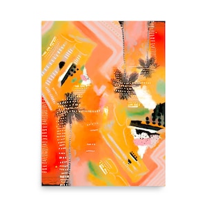 Abstract Sunset And Palm Trees Art Prints - Tribal Boho Marks - Vibrant Red Sunset Landscape Painting - Intuitive Art - Surrealism