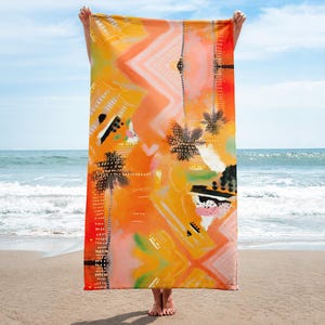 Abstract Sunset And Palm Trees Beach Towel - Tribal Boho Marks - Red Tropical Towels - Coastal Towel Design - Summer Pool Home Decor