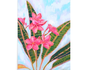 Tropisk rosa Plumeria konsttryck – Livfull botanisk väggkonst | Hawaii blomdekor | Ö-inspirerat tryck i flera storlekar