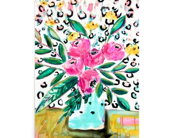 Abstract Still Life Flowers Leopard Prints - Botanical Leaves Roses Peony Painting - Tropical Flowers Jungle Cat Pattern - Floral Vase Art