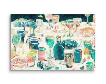 Table-scape Canvas Art Print - Abstract Dinner Party Painting - Festive Dining Room Print - Wine Drinks - Vibrant Welcoming Canvas Wall Art