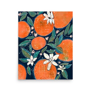 Orange Blossoms Art Print - Contemporary Modern Botanical - Boho Tropical Citrus Fruit - Oranges Blossoms Leaves - Navy Blue Orange White