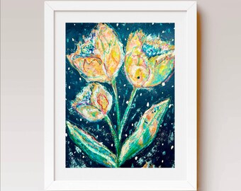 Abstract Tulip Flowers - Contemporary Modern Floral Wall Art Painting - Whimsical Painterly Tulips - Yellow Gold Blue Green White Original