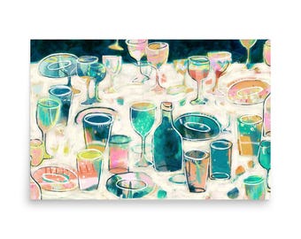 Print tafellandschap - eetkamerkunst - abstract etentje schilderij - feestelijke dinerprint - wijndrankjes - levendig kleurrijk eigentijds