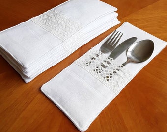 White linen cutlery pouch, Cutlery case with linen lace, Cutlery pocket