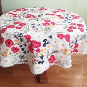 Round Floral Linen Tablecloth: Vintage Lace Trim, 52-inch
