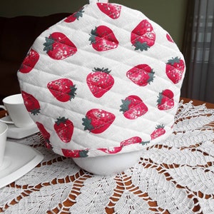 Strawberry Print Linen Teapot Cozy: Quilted Insulated Tea Pot Cover