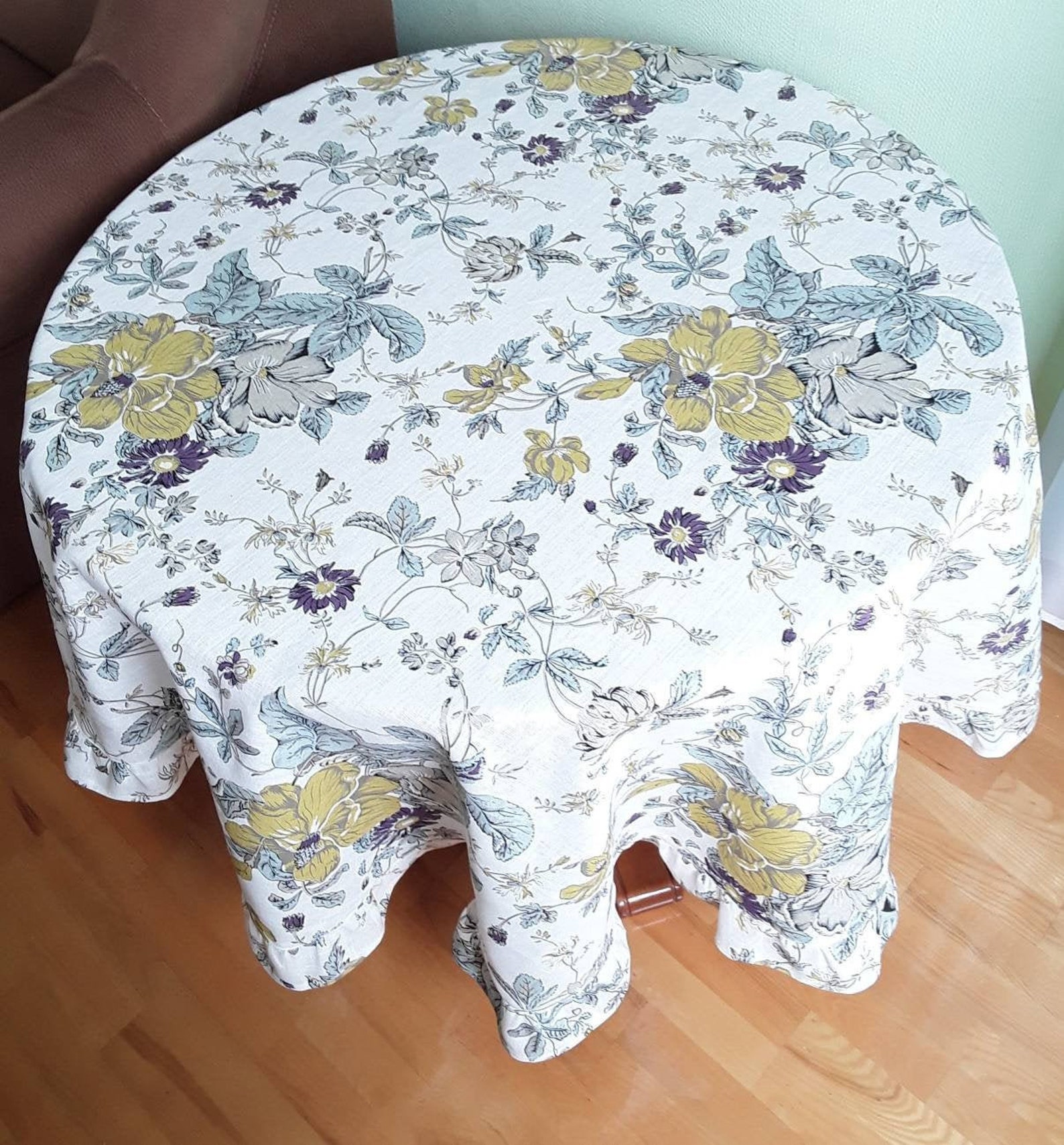 Round linen tablecloth Ruffled tablecloth Floral table Etsy