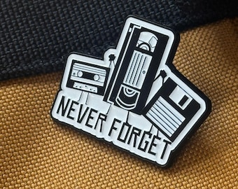 Never Forget Retro Tech Enamel Pin | VHS Tape Floppy Disk Cassette Pin | Vintage Computer Nostalgia Pin | 80s 90s Tech Geek Gift
