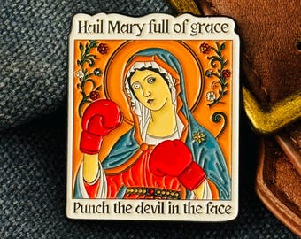 Hail Mary Punch the Devil Enamel Pin – Boxing Virgin Mary Lapel Pin – Religious Humor Art Pin – Catholic Goth Statement Accessory