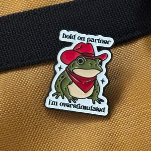 May include: A green frog pin wearing a red cowboy hat and bandana. The pin has the text "hold on partner" and "I'm overstimulated". The frog has a light tan belly and is set against a tan background.