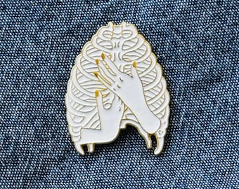 Feminine Hands on Ribcage – White Gold - Anatomical & Artistic Enamel Pin