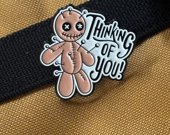 Thinking of You Voodoo Doll Enamel Pin – Funny Dark Humor Lapel Pin – Creepy Cute Gothic Gift – Halloween Doll Accessory – Witchy Pin