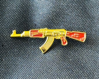 AK-47 Rifle Enamel Pin – Gold and Red Assault Weapon Lapel Badge