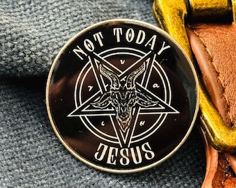 Not Today Jesus Enamel Pin – Dark Humor Pentagram Goat Lapel Pin – Gothic Religious Parody Accessory – Spooky Meme Badge
