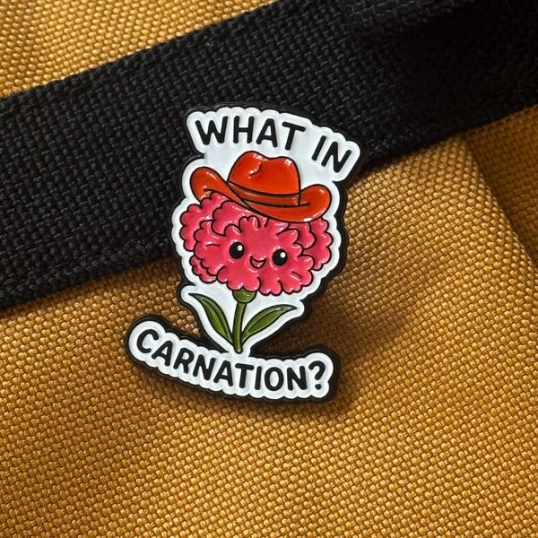 Pin esmaltado "¿Qué hay en un clavel?" / Pin divertido con juego de palabras sobre flores / Pin de flores vaqueras adorables / Pin de humor floral del oeste / Regalo para amantes de las plantas