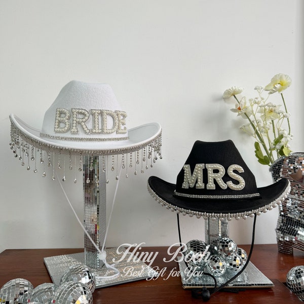 Bride Cowboy Hat with Pearls, Custom Cow Hat, Bachelorette favors, Cowgirl Hat, White Bridal Hat, Bridal gift, Bride Custom White Hat