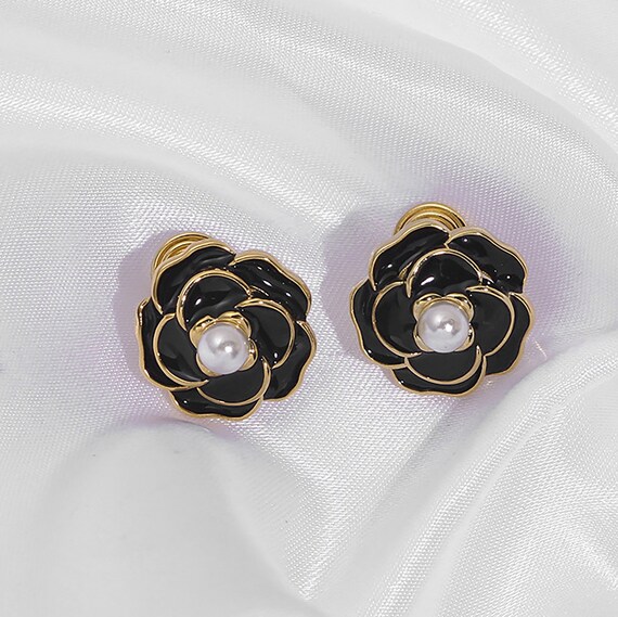 Pearl Camellia Earrings Camellia Black Flower Stud Earrings -  Hong Kong