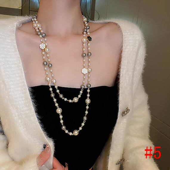 Layered Pearl Necklace Multi-layer Camellia Long Necklacerose -  Finland