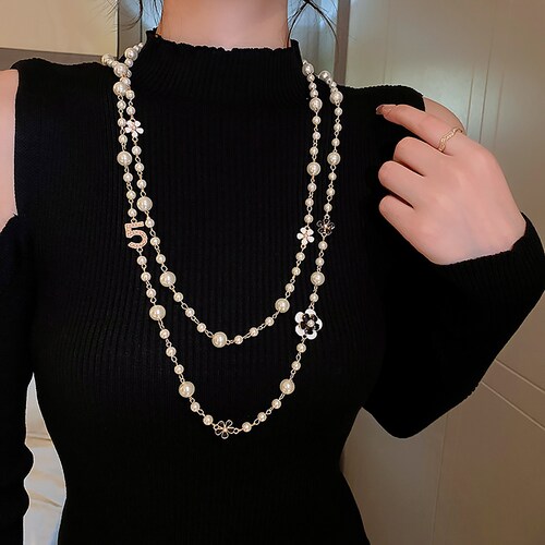 Layered Pearl Necklace Multi-layer Camellia Long Necklacerose - Etsy