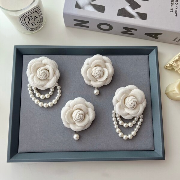 broches flor,Perla gota Camelia Flor Pin Broche,Camellia Flor Broche, lana Camellia Flor Broche, Broche de boda,Camelia blanca