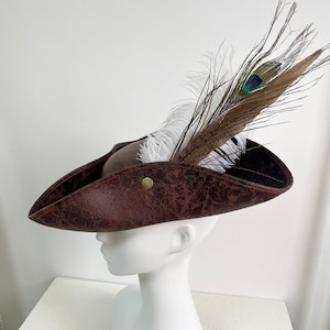 Pirate Hat - Brown Tricorne, White Ostrich pheasant. Brixham festival style, Historical costume headwear, cosplay
