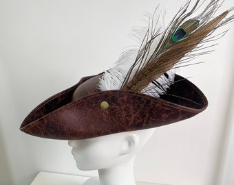 Pirate Hat - Brown Tricorne, White Ostrich pheasant. Brixham festival style, Historical costume headwear, cosplay