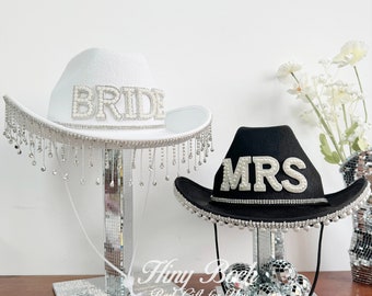 Bride Cowboy Hat with Pearls, Custom Cow Hat, Bachelorette favors, Cowgirl Hat, White Bridal Hat, Bridal gift, Bride Custom White Hat