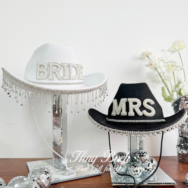 Bride Cowboy Hat with Pearls, Custom Cow Hat, Bachelorette favors, Cowgirl Hat, White Bridal Hat, Bridal gift, Bride Custom White Hat