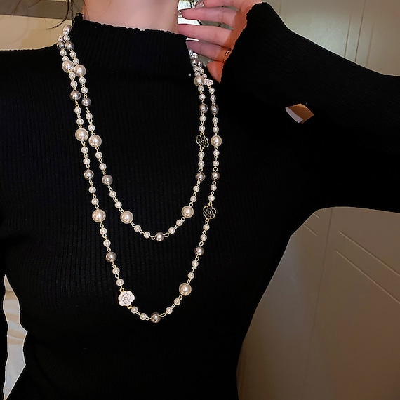 Layered Pearl Necklace Multi-layer Camellia Long Necklacerose 