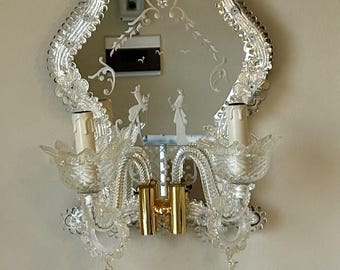 Applique murale à deux lumières avec miroir en verre de Murano