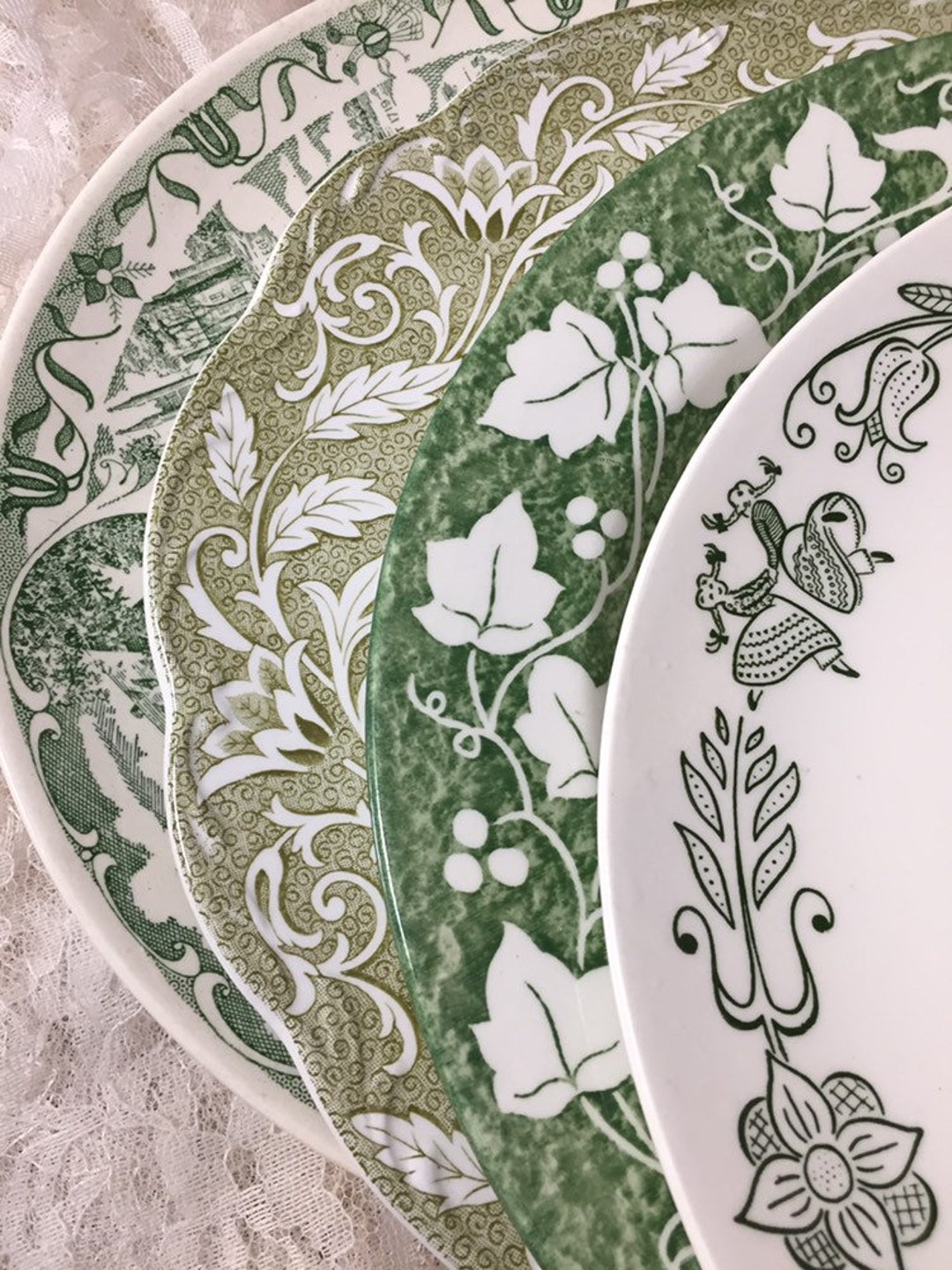 Mismatched Green Transferware Dinner Plates Set of 4 Greentransferware
