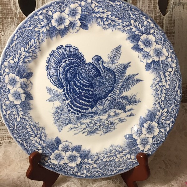 Queen's Myott Factory Thanksgiving Turkey Blue Dinner Plate 10" Churchill Blue and White Transferware