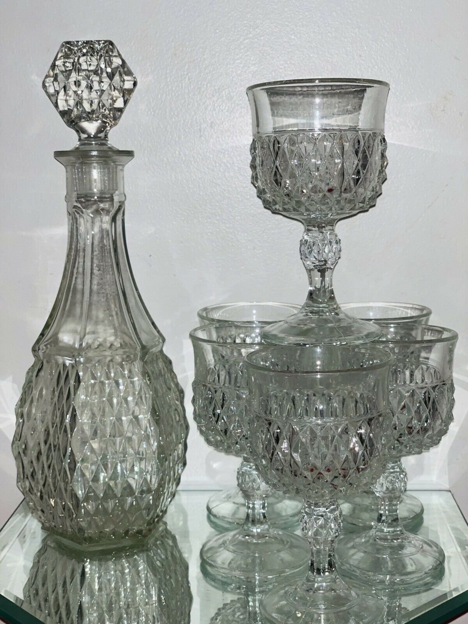 Vintage Indiana Glass Clear Diamond Point Decanter &Wine Etsy