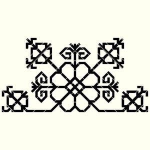 May include: Black and white geometric design with a floral pattern. The design is symmetrical and has a repeating pattern of squares and circles.