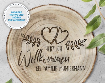 Baumscheibe mit Gravur | Willkommen | Familie | Personalisiert | Liebe | Geschenk | Holzscheibe | Name