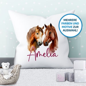 Almohada infantil &quot;Caballos&quot; personalizada con el nombre deseado | El regalo individual para nacimiento, cumpleaños, Pascua o Navidad.