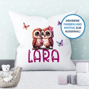 Almohada infantil &quot;Búhos&quot; personalizada con el nombre que desees El regalo individual para nacimiento, cumpleaños, Pascua o Navidad.