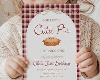 Cutie Pie Birthday Invitation Pie Theme Birthday Party Invite First Birthday Gender Neutral Pie 1st Birthday Gingham Editable Template 0058