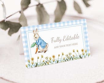 Peter Rabbit Food Label Blue Rabbit Place Card Boy Baby Shower Tent Card Boy Birthday Table Number Easter Name Card Editable Template 0104