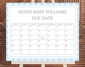 Blue Gingham Baby Shower Due Date Calendar Game (Editable Download) Guess Baby's Birthday