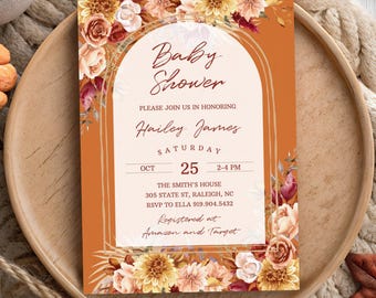 Fall Baby Shower Invitation Pompas Floral Burnt Orange Baby Shower Invite Boho Burgundy Pink Flower Autumn Theme Arch Editable Template 0118