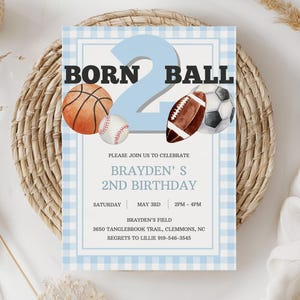 Zaproszenie na drugie urodziny chłopca Born 2 Ball Sports, zaproszenie urodzinowe All Star, edytowalny szablon do druku Born Two Ball 0115