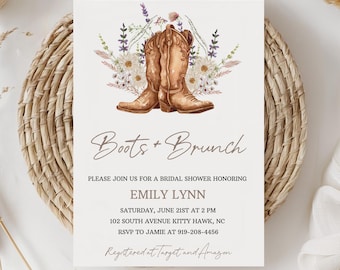 Boots and Brunch Wildflower Bridal Shower Digital Invitation Cowgirl Wedding Shower Invite Country Western Rustic Farm Editable 0107