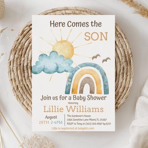 Sunshine Baby Shower Invitation Here Comes the Son Editable Invite Summer Baby Shower Retro Boy Baby Shower Sonshine Digital Template 0032