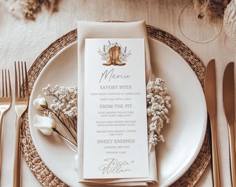 Rustic Western Wedding Menu Template Cowboy Boots Wedding Printables Country Reception Menu Cards With Name Editable Template 0107