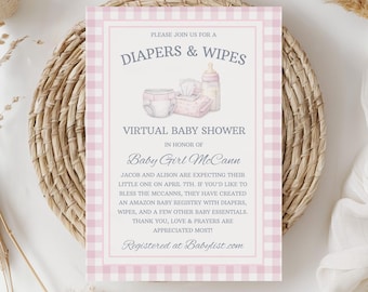 Girl Virtual Baby Shower Invitation Diapers and Wipes Pink Gingham Baby Sprinkle Editable Invite Printable Download 0075