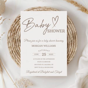 Invito minimalista per baby shower Classico per ragazzo e ragazza Genere neutro Baby shower moderno Invito modificabile Modello digitale beige minimale 0114