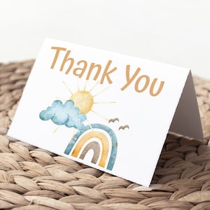 Tarjetas de agradecimiento con diseño de sol y arcoíris, tarjetas plegadas, tarjetas de felicitación, baby shower, cumpleaños, estilo boho, aquí viene el hijo, descarga instantánea, 0032